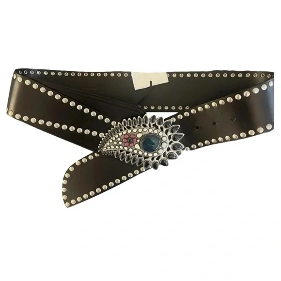 ISABEL MARANT Aliette Black Studded Leather Belt with Stone Accents NEW - 75cm - Picture 2 of 9